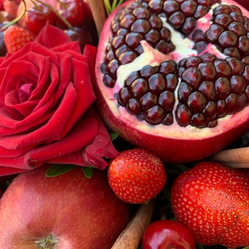 Фруктовая подарочная корзина с гранатами, розами, яблоками, ягодами и корицей "Ред Вельвет". Фото №5