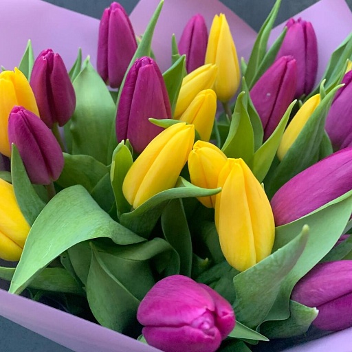 Букет из 25 желтых и фиолетовых тюльпанов "Весенние лучи". Фото №4