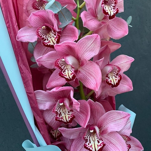 Ветка розовой орхидеи с эвкалиптом в стильной упаковке "Ла-Манш". Фото №3